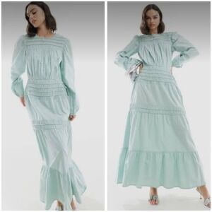 ASOS Design Shirred Detail Maxi Dress Sage Green Size 8 Tiered Long Sleeves